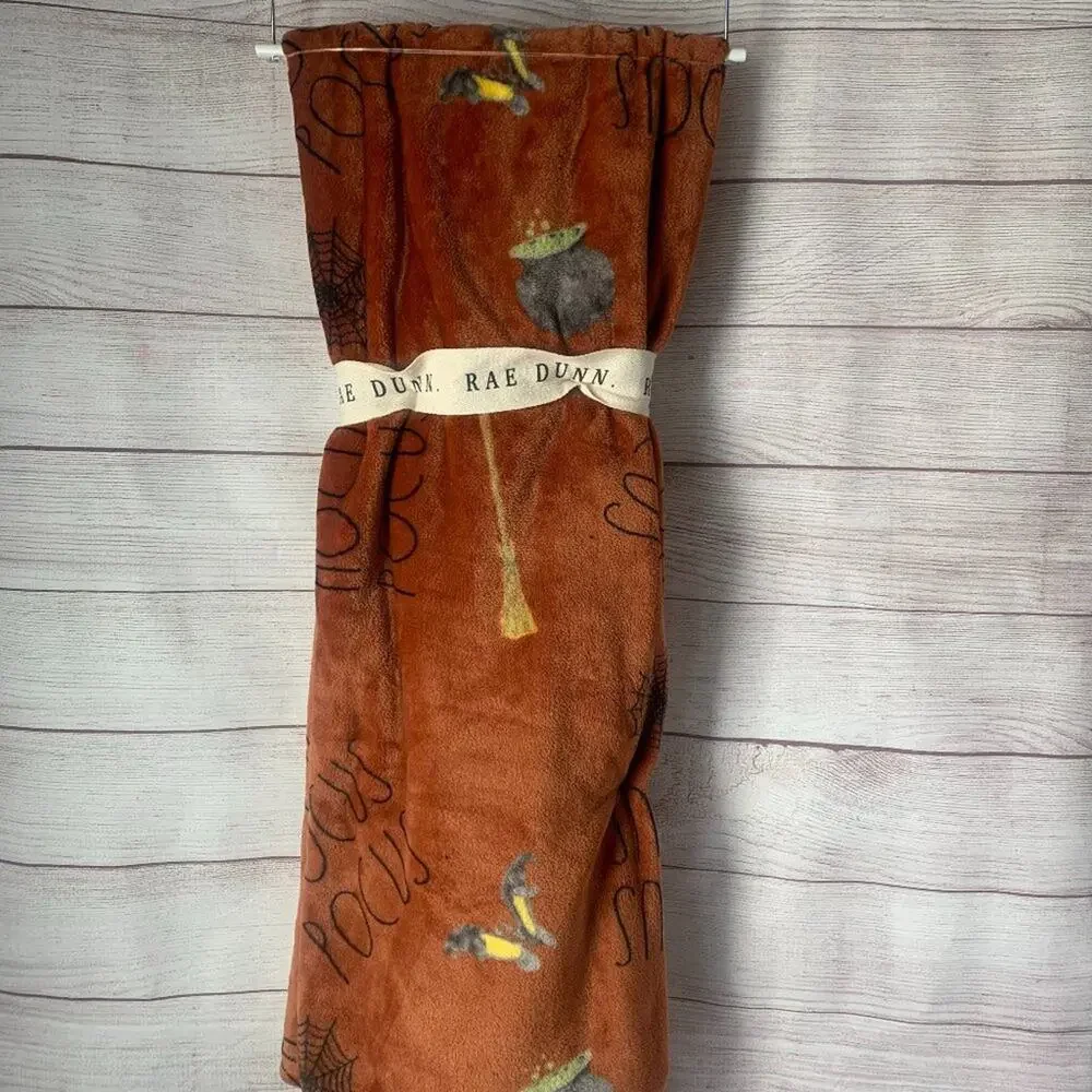 Rae Dunn Hocus Pocus Blanket Orange with Cauldron Broom Witch Hat Shoes 50x70